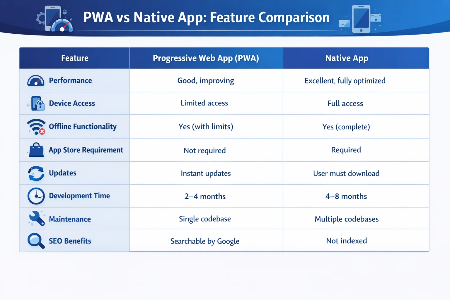 PWA vs Native app feature comparison showing performance, offline access, development time, and SEO benefits